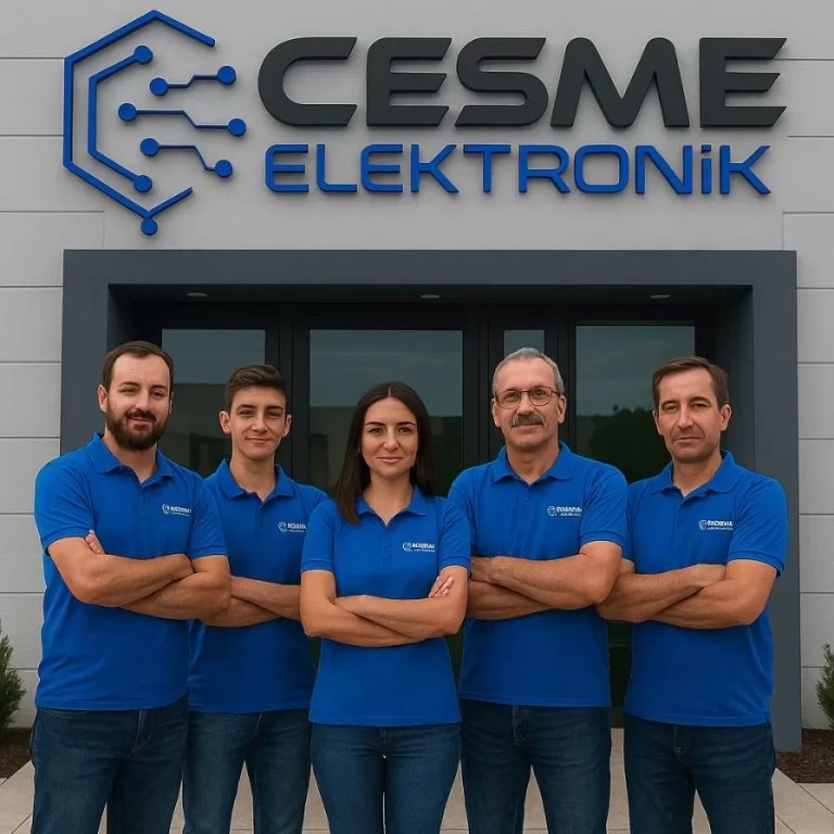 Çeşme Elektronik ekibi şirket binası önünde, logolu mavi tişörtleriyle poz veriyor.