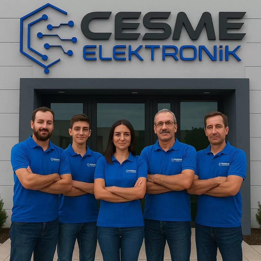 Çeşme Elektronik ekibi şirket binası önünde, logolu mavi tişörtleriyle poz veriyor.