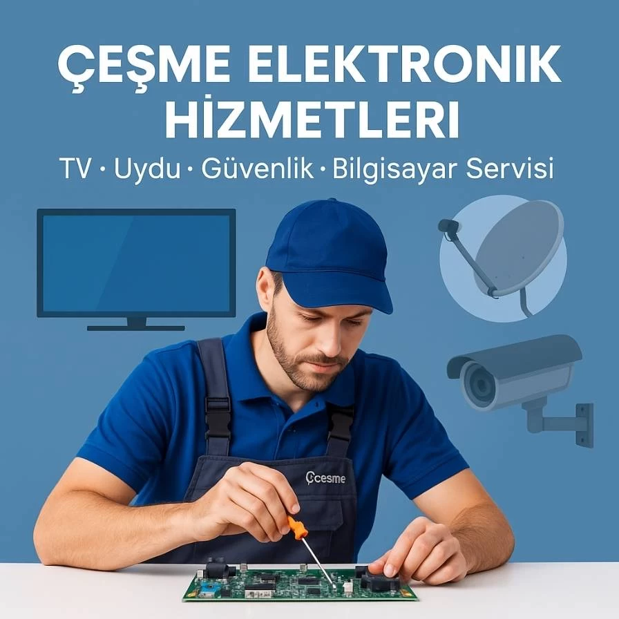 Çeşme Elektronik hizmetleri – TV tamiri yapan teknisyen, arka planda uydu ve bilgisayar görüntüsü