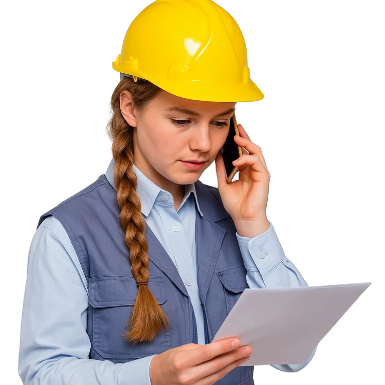 Sarı baretli kadın teknisyen, Çeşme Elektronik ekibi için teknik proje belgelerini inceliyor.