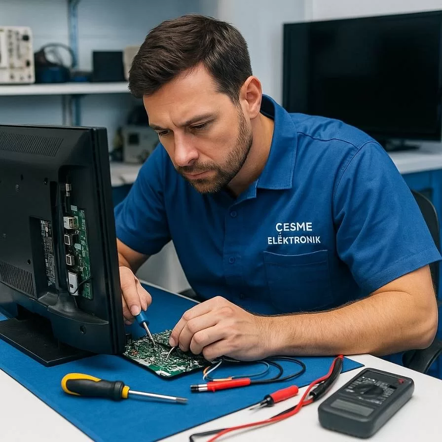 Çeşme Elektronik – Televizyon tamiri yapan teknisyen, arızalı TV ekranını onarıyor